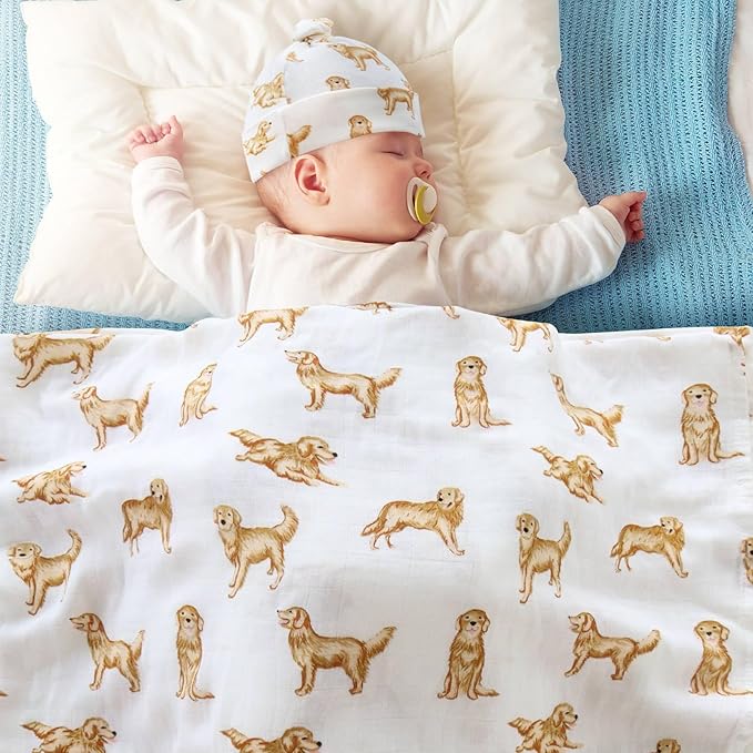 LifeTree Muslin Swaddle Blankets, Muslin Baby Boy Swaddle Blanket and Hat Set with Birth Announcement Card, Newborn Unisex Neutral Receiving Blankets Golden Retriever Pattern