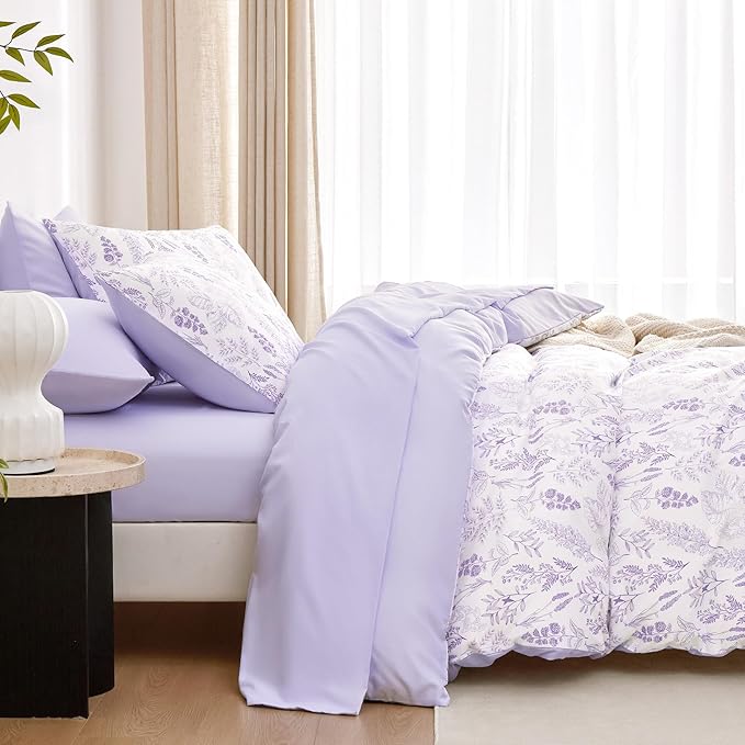 Wake In Cloud - Floral Duvet Cover Set, Botanical Vintage Flower Coquette Cottagecore Aesthetic for Women Teen Girls, Soft Lightweight Bedding, 3-Piece, Lilac, Twin/Twin XL Size