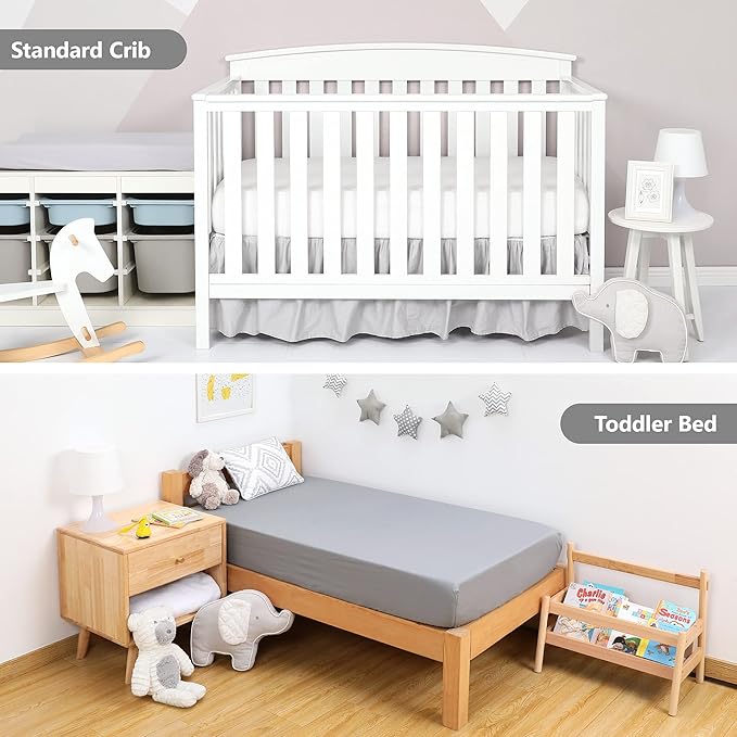 TILLYOU Fitted Crib Sheets - 100% Cotton Fitted Sheets for Standard Crib Mattress, Toddler Bed Mattress Fitted Sheets 2 Pack, Machine Washable, 28x52, White&Charcoal Gray