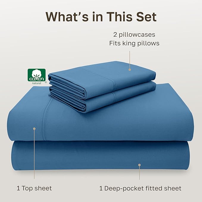 California Design Den King Sheets Cotton Set - Luxury 600 Thread Count Sateen, Natural 100% Cotton Cooling Sheets King Size, Hotel Quality, Durable Fully Elasticized Deep Pockets - Parisian Blue