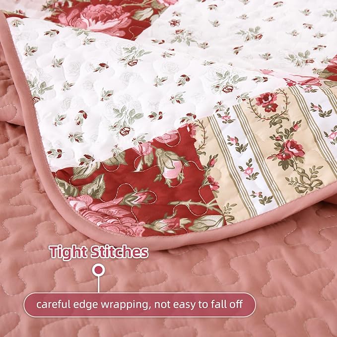 Anibedding 3Pieces Patchwork Quilts King Size, Bohemian Red Flower Plaid Bedspreads with Double Pillowcases for All Season