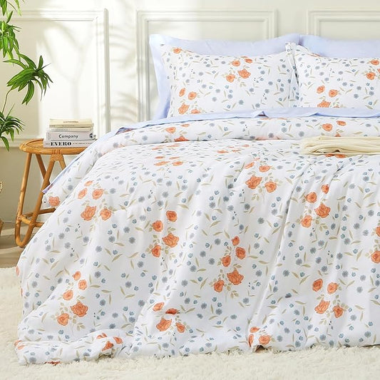 MUXHOMO Orange Blossom Bed in a Bag Queen 7 Pieces, Queen Comforter Set Reversible Botanical Flowers Design, Ultra Soft & Breathable Bedding Sets with Comforter, Sheets, Pillowcases & Shams