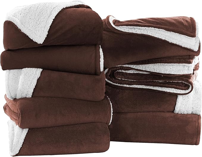 MOONLIGHT20015 Coffee Sherpa Blankets Queen Size for Bed - Wholesale Bulk Pack of 9 Sherpa Blankets - Soft Fluffy Throw Blanket for Hotels, Guest Bedroom, 90x90 Inches