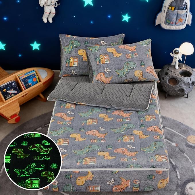 A Nice Night Cute Baby Dinosaur Printed Plush Zippered Comforter Set,Zipper Bedding Glow in The Dark for Child, Twin