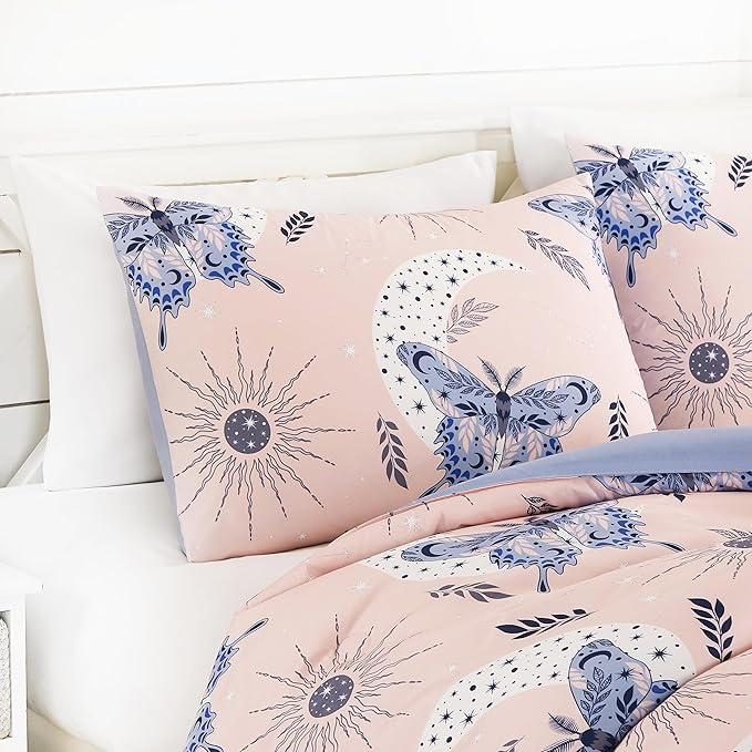 Chezmoi Collection 3-Piece Mystical Butterfly Kids Bedding Set Twin Size - Pink Lavender Blue White Soft Microfiber Comforter Set w/Butterfly Throw Pillow for Kids Teens