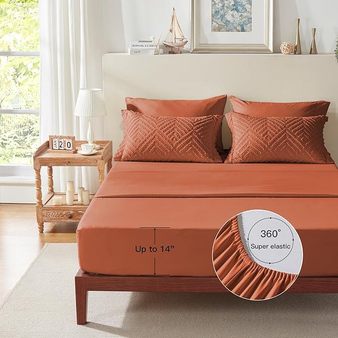 Zzlpp Twin Comforter Set 5 Pieces, Burnt Orange Tufted Bed in a Bag with Comforter and Sheets, All Season Boho Bedding Sets with 1 Comforter, 1 Pillow Sham, 1 Pillowcase, 1 Flat Sheet, 1 Fitted Sheet