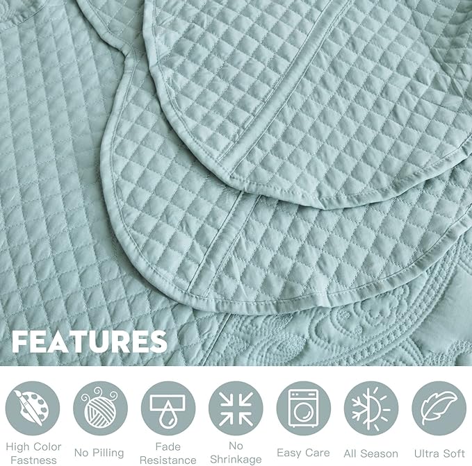 Oversized King Bedspread 138x122 Extra Wide, Paisley Pattern Design, Lightweight Bedding Cover, Reversible, 5 Piece, 100% Microfiber, California/Alaskan King, Seaglass