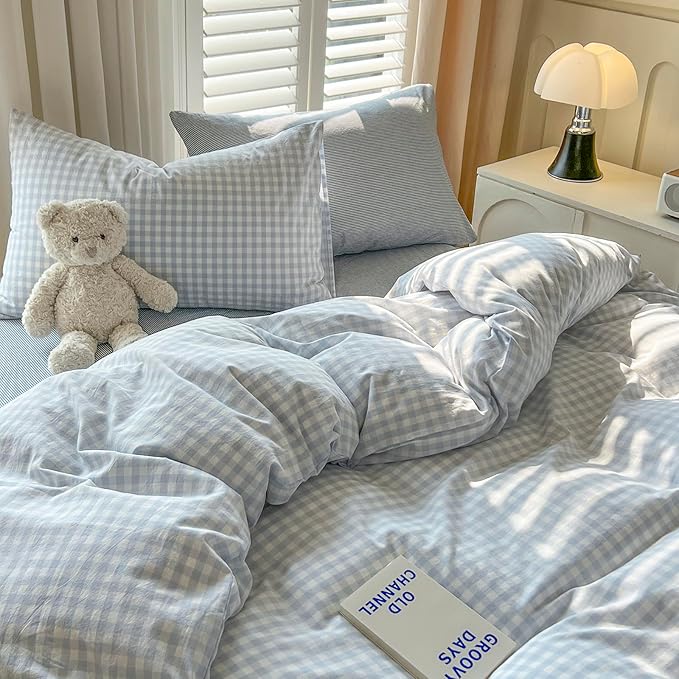 LifeTB Blue Gingham Comforter Set King 3 Pieces Blue Plaid Grid Comforter Set Geoometric Checkered Pattern Comforter with 2 Pillowcases Lightweight Soft Farmhouse Gingham Plaid Bedding Set