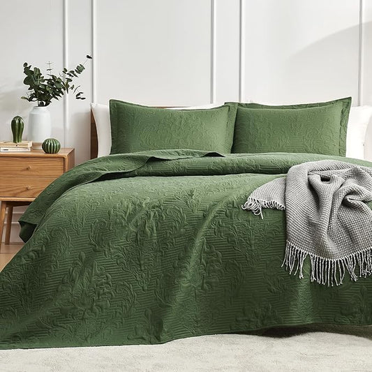 Hansleep Olive Green Quilt California King Size - Damask Ultrasonic All Season Bedspread California King, Soft Lightweight Coverlet Bedding Set, 3 Pieces (1 Quilt, 2 Pillow Shams)
