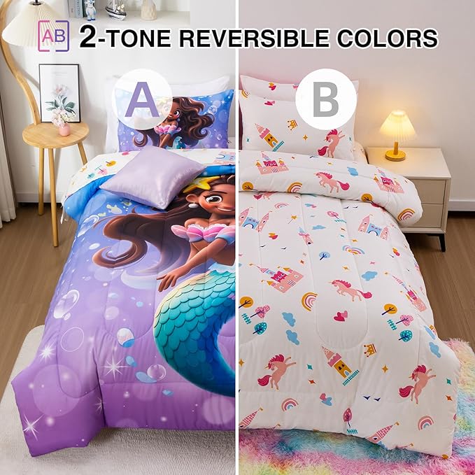 A Nice Night Mermaid Wearing Starfish Hair Accessory Queen Comforter Set for Girls, Ocean Theme Queen 6-Piece Bed in a Bag with Sheet Set & Pillowcases