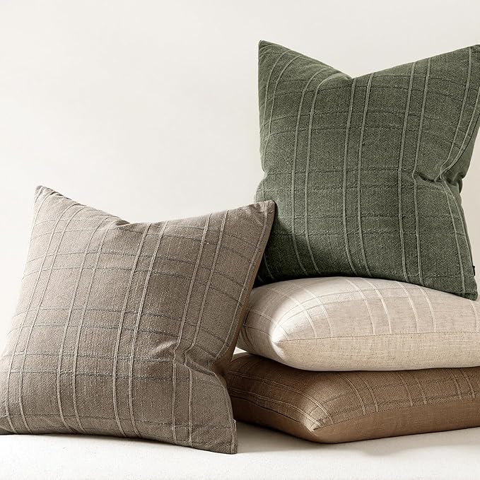MIULEE Decorative Linen Check Throw Pillow Covers Neutral Farmhouse Vintage Pillow Covers 18x18 Set of 2 Boho Modern Winter Home Decor for Sofa Couch Bedroom Cushion Tan Taupe