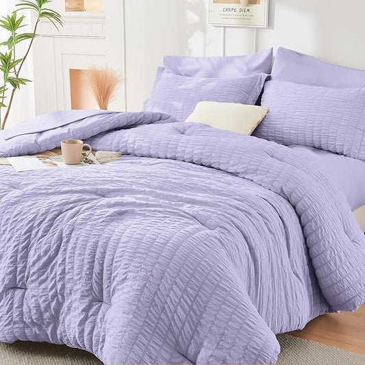 HYMOKEGE Light Purple King Size Comforter Set Seersucker 7 Pieces, All Season Luxury Bed in a Bag for Bedroom, Bedding Set with Comforter, Sheets, Pillowcases & Shams