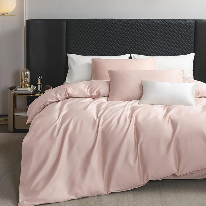 MooMee Duvet Cover Set 100% Extra Long Staple Cotton 600 Thread Count Silky Sateen Smooth Luxury Soft Breathable Durable Hotel Quality Bedding, 3 Pieces (Light Pink, Queen 90"x90")