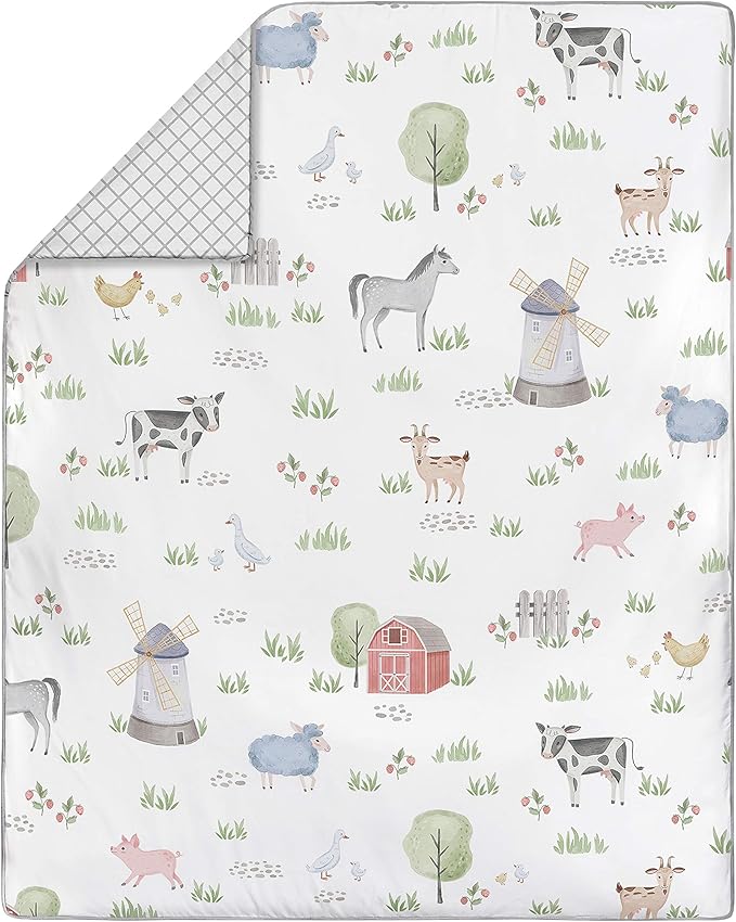 Sweet Jojo Designs Farm Animals Boy or Girl Baby Crib Bedding Set for Infant Nursery Room Grey Red Black and White Gender Neutral Watercolor Farmhouse Lattice Gray Green Barn Horse Cow Sheep Pig