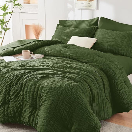 HYMOKEGE Olive Green Full Size Comforter Sets Seersucker 7 Pieces, All Season Luxury Bed in a Bag for Bedroom, Bedding Set with Comforter, Sheets, Pillowcases & Shams