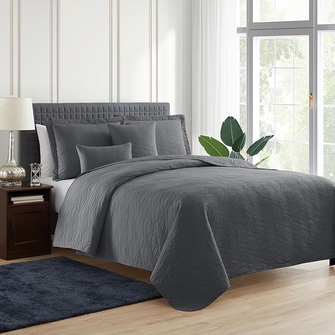 Hearth & Harbor Quilts Queen Size - All Season Bedspread Coverlet Set, Pinsonic Weave Lightweight Bedding Set - 5 Piece Queen Quilt Set with Pillow Shams, Ellipse - Gray