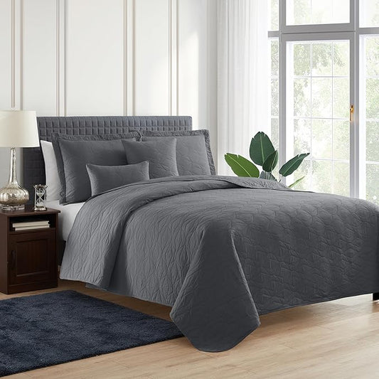 Hearth & Harbor Quilts Queen Size - All Season Bedspread Coverlet Set, Pinsonic Weave Lightweight Bedding Set - 5 Piece Queen Quilt Set with Pillow Shams, Ellipse - Gray