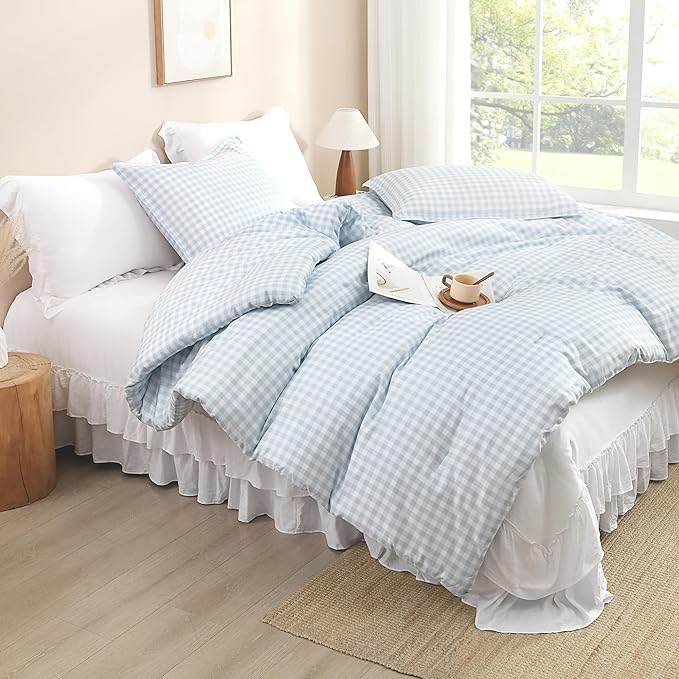 Andency Light Blue Gingham Comforter Set Full(79x90Inch), Checkered Grid Plaid Buffalo Bed Set for Girls Boys Kids Teens, 3 Pieces Lightweight Microfiber Geometric Preppy Bedding