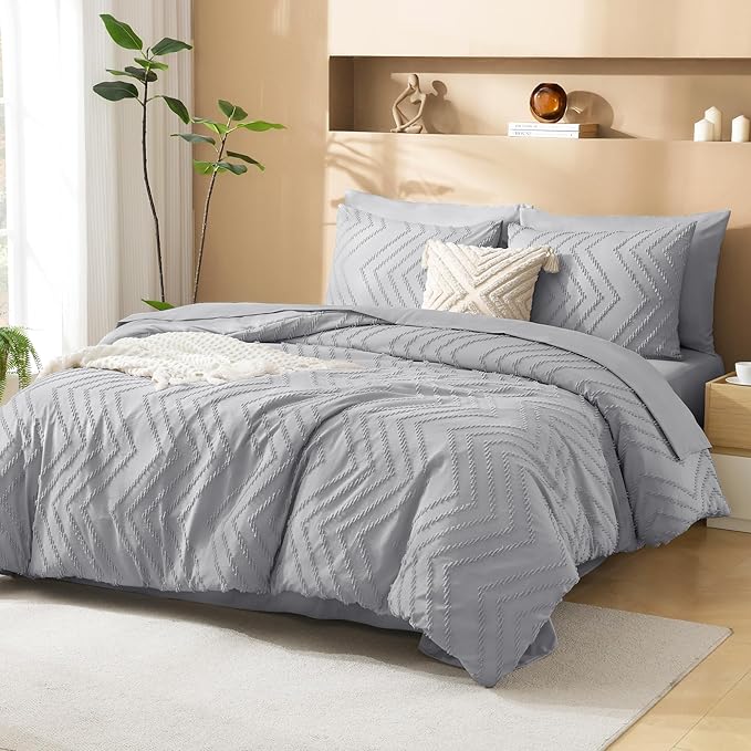 Litanika Oversized King Size Comforter Set with Sheets Light Grey - 7 Pieces Bed in a Bag Oversized King Boho Tufted Complete Bedding Sets with Comforter, Sheets, Pillowcases & Shams