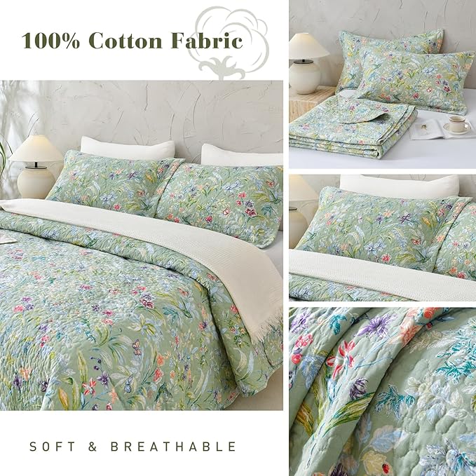 QSH 100% Cotton Quilt Oversized King Set (118"x106")-3Pcs Green Floral Quilt California King Summer Flower Bird Butterfly Printed Bedspread Coverlet Soft Lightweight Bedding Set for All Seasons