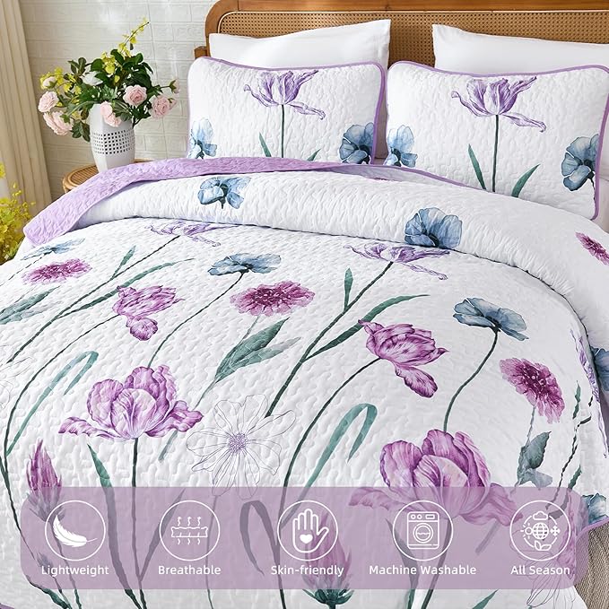 WONGS BEDDING Purple King Quilt Set, 3 Pieces Light Purple Floral Bedspread Coverlet Set, Lightweight Spring Farmhouse Cute Botanical Quilts Bedding Set (104"x90")