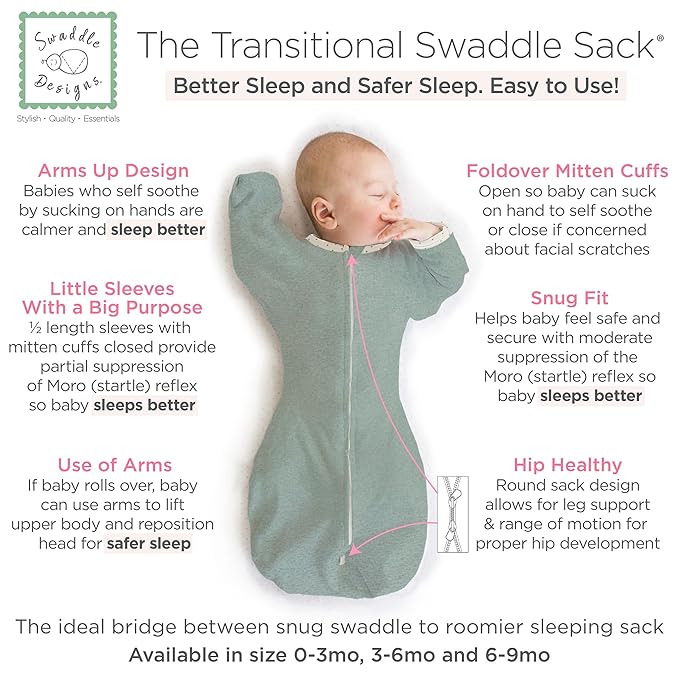 SwaddleDesigns Transitional Swaddle Sack, Arms Up Half-Length Sleeves & Mitten Cuffs, Swaddle for Newborn Transition to Baby Sleep Sack Wearable Blanket, Large, 6-9 month, 21-24 lb, Heathered Jadeite