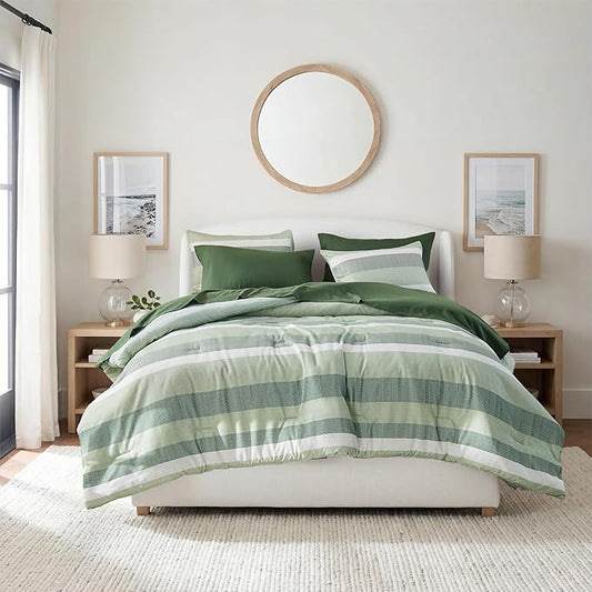 Full Size Modern Striped Comforter Set, Lightweight Soft Microfiber Bedding Sets for All Season 7 Pieces Bed in A Bag Set with Comforter, Sheets, Pillowcases & Shams, Sage Green