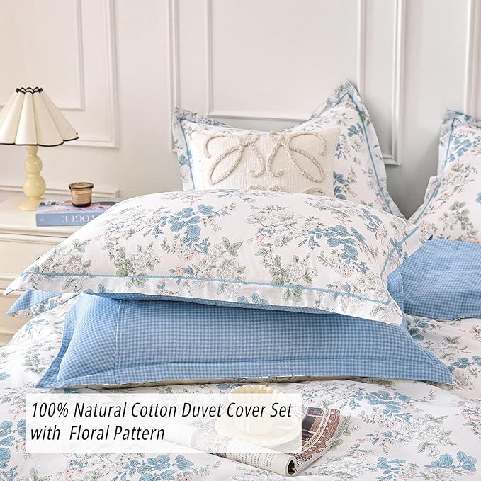 French Country 100% Natural Cotton Duvet Cover Sets 3Pcs - Delicate Pastel Floral Print on White with Soft Blue Mini Check Reverse, Neutral Bedding Set with Button Closure(King,104"×90"