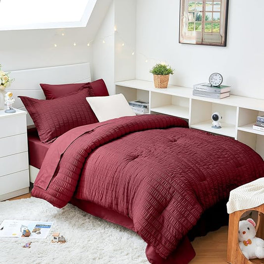 HYMOKEGE Burgundy Twin XL Comforter Set Seersucker 5 Pieces, All Season Luxury Bed in a Bag for Bedroom, Bedding Set with Comforter, Sheets, Pillowcase & Sham