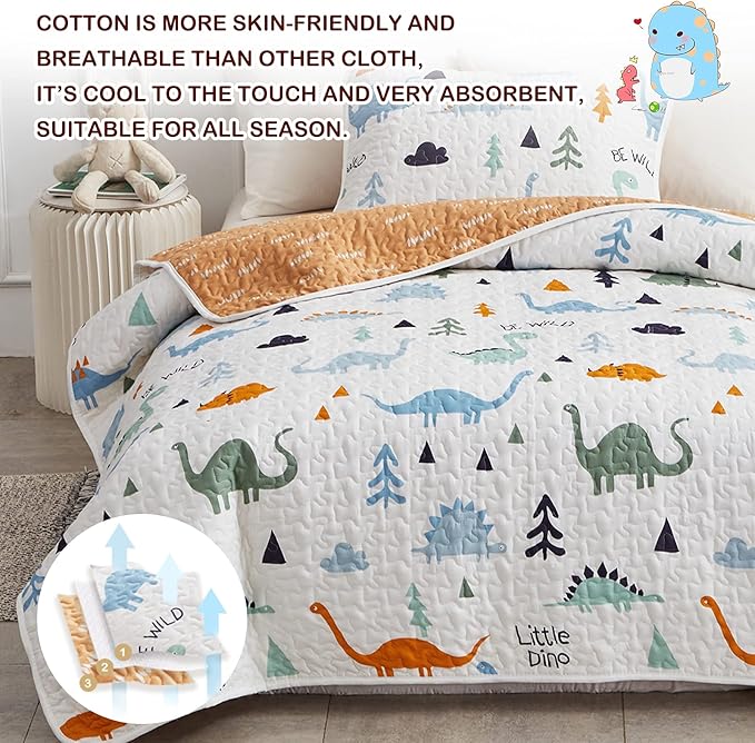 Joyreap 3-Piece Cotton Quilt Set Full/Queen, Cute Dinosaur Reversible Design for Kids Boys n Girls, Breathable Quilt Bedspread Bed Cover for All Season, 1 Quilt and 2 Pillow Shams- 90x90 inches