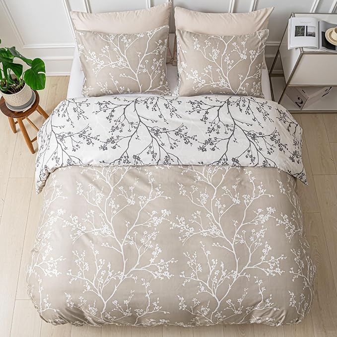 Lekesky King Size Duvet Cover Set, Reversible Duvet Cover King with Branch Pattern, Lightweight Soft Microfiber Comforter Cover, 3 Pieces Khaki Bedding Set with Zipper and 2 Pillowcases