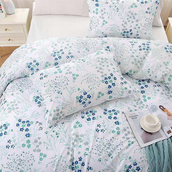 MUXHOMO Blue Flower Bed in a Bag King 7 Pieces, King Comforter Set Reversible Botanical Flowers Design, Ultra Soft & Breathable Bedding Sets with Comforter, Sheets, Pillowcases & Shams
