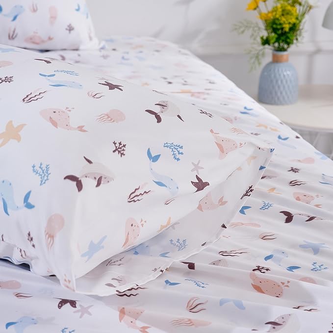 Underwater World Sea Animal Full Sheet Set for Kids - Fish, Whale, Cute and Cozy Bedding - Girls Boys Children - Deep Pocket, Wrinkle Free Soft Bed Sheets - 4PC