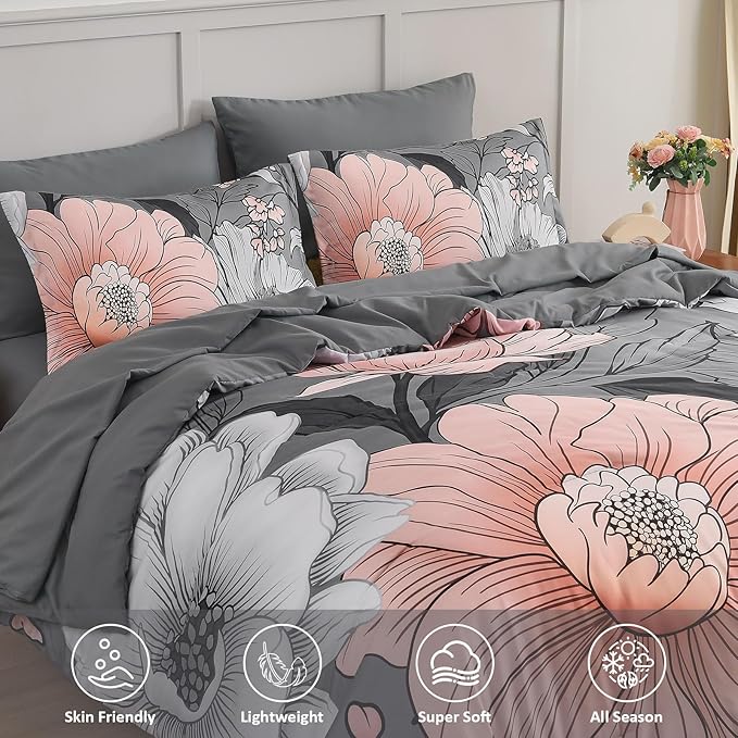 Xruibed King Comforter Set 7 Pieces Grey Floral Comforter Set King Size Bed in a Bag Flower Bedding Sets Lightweight Boho Bed Set with Sheet,Pillowcases&Shams for All Season