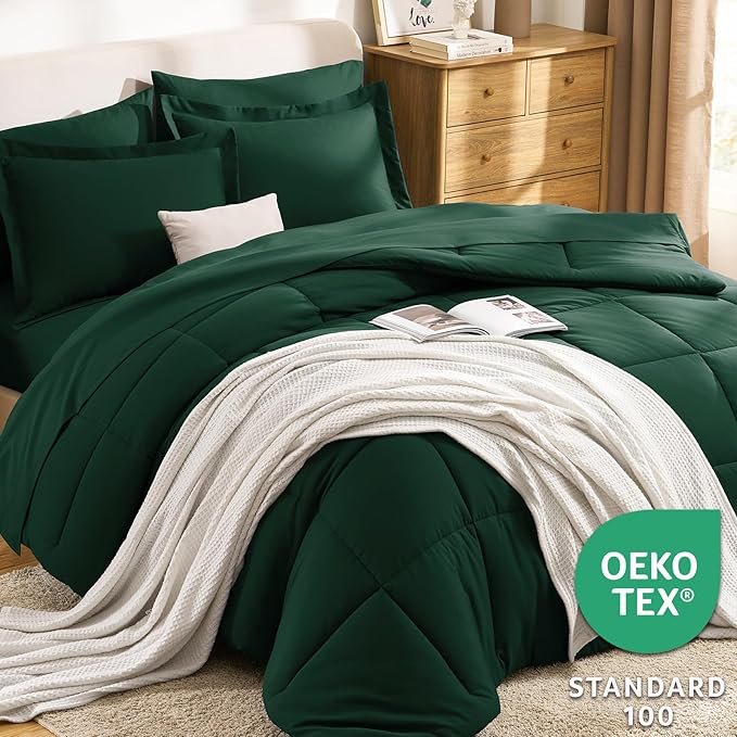 CozyLux King Size Comforter Set Emerald Green - 7 Pieces Bed in a Bag King, Okeo-Tex Certifited Bedding Set, All Season Soft Bed Set with Down Alternative Comforter, Sheets, Pillowcases & Pillow Shams