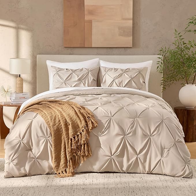 Andency Wheat Comforter Full Size, 3 Pieces Lightweight Pinch Pleat Comforter Sets for Full Bed, Soft Microfiber Bedding Comforter Set(1 Pintuck Comforter and 2 Pillowcases)