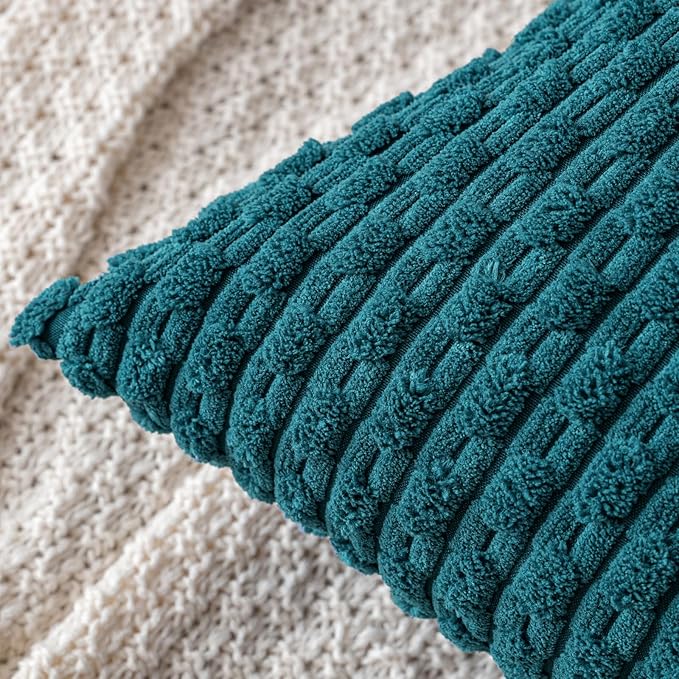 MIULEE Pack of 2 Decorative Throw Pillow Covers 16x16 Inch Soft Boho Striped Textured Corduroy Pillow Covers Modern Farmhouse Home Decor for Couch Bed Sofa Living Room Teal Blue