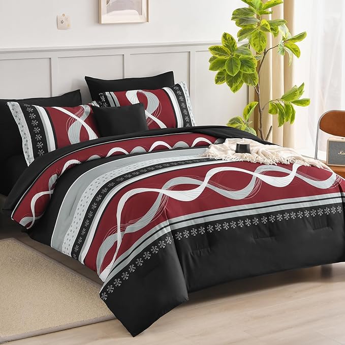 Burgundy Comforter Set Full Size,8 Pieces Striped Bed in a Bag,Patchwork Comforter with Sheets Set Soft Microfiber Boho Bedding Sets(78"×90")
