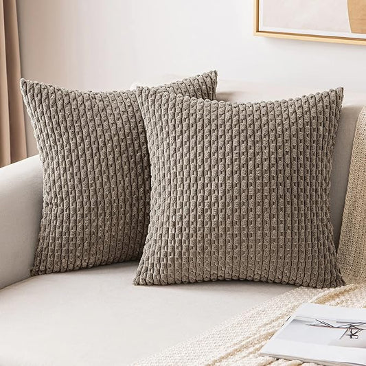 MIULEE Pack of 2 Decorative Throw Pillow Covers 18x18 Inch Soft Boho Striped Textured Corduroy Pillow Covers Modern Farmhouse Home Decor for Couch Bed Sofa Living Room Neutral Brown