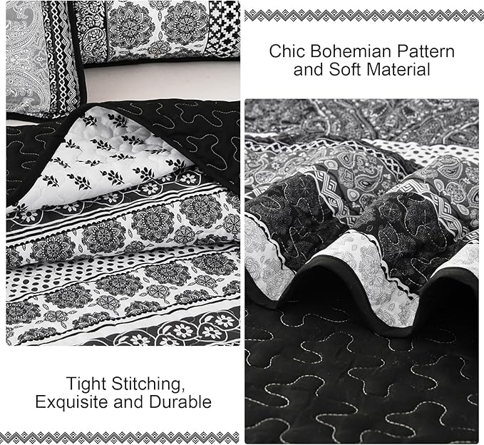 WONGS BEDDING Boho Quilt Set King Size, Grey Bohemian 3 Pieces Quilt Sets, Lightweight Bedspread Coverlet Bedding Set for All Season (104"x90")