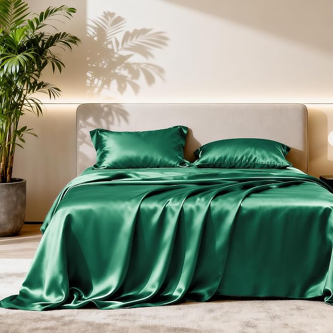 Love's cabin Satin Queen Sheets Set - 4 Piece Dark Green Silky Bed Sheets with Deep Pocket, Luxury Silk Feel Satin Queen Size Sheet Set (1 Flat Sheet,1 Fitted Sheet,2 Pillow Cases)