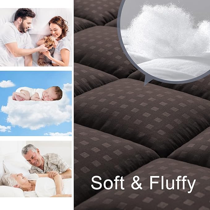 HYLEORY Twin Mattress Pad Quilted Fitted Mattress Protector Cooling Pillow Top Mattress Cover Breathable Fluffy Soft Mattress Topper with 8-21" Deep Pocket, Brown