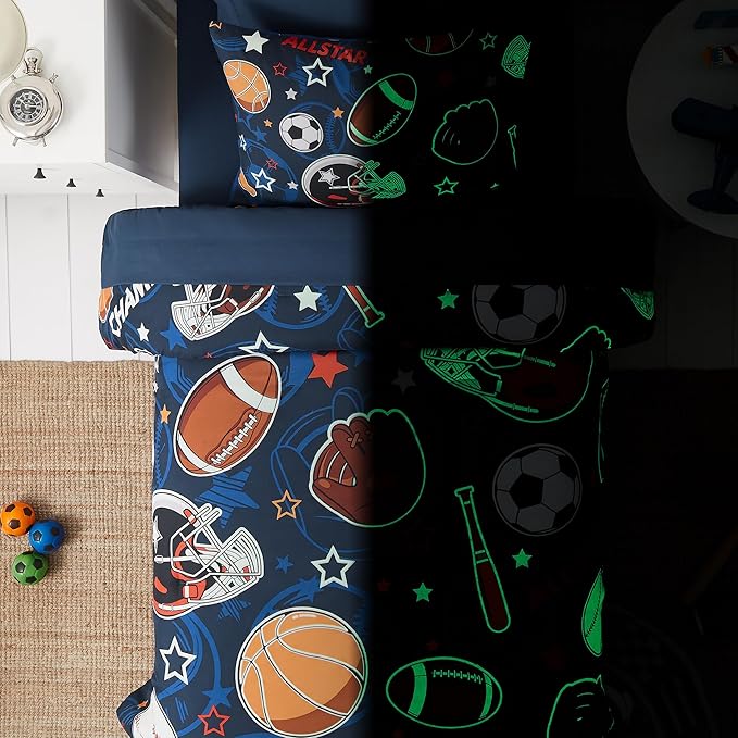 Twin Kids Comforter Set - 5 Pieces Twin Bedding Sets for Boys Teen, Glow in The Dark Sports Ball Games Bed in A Bag with Sheets