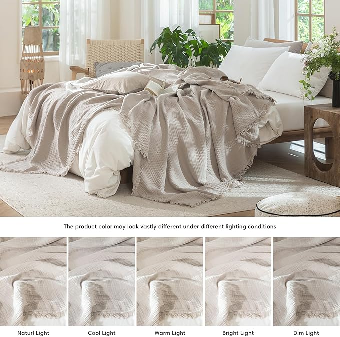 MooMee Muslin Blanket - 100% Cotton 4-Layer Gauze Throw Blanket with All-Around Fringe, Ultra-Soft Breathable Lightweight Cooling Decorative for Bed, Sofa & Couch (Cream Grey, Queen 90" x 90")