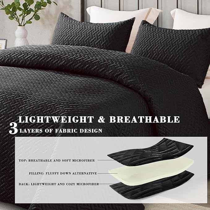 Exclusivo Mezcla Full Queen Size Quilt Bedspreads with Basket Weave Pattern, Soft Lightweight Summer Quilts Bedding Set Coverlets Bed Cover for All Seasons, Black