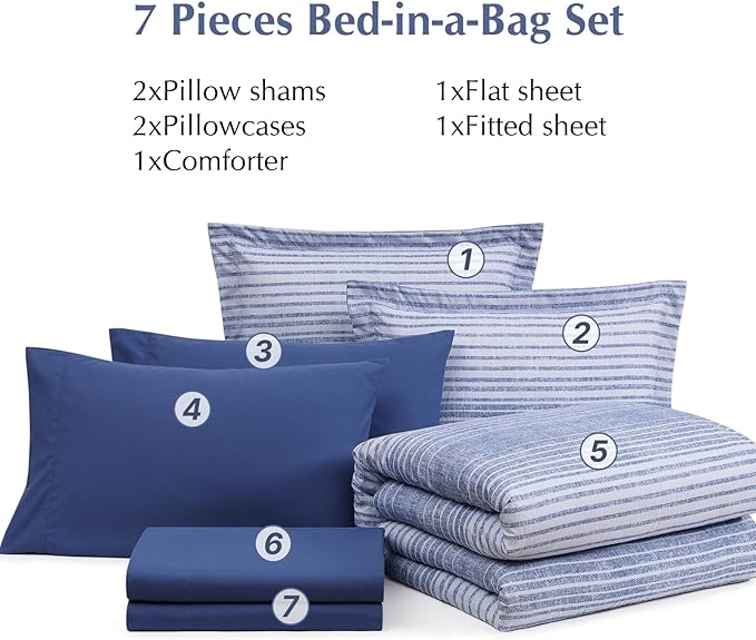 Full Comforter Sets Striped, Ocean Blue Coastal Bedding Set 7 Pieces for Boys Girls Teen, All Season Bed in a Bag for Dorm with Sheets, Pillowcases & Shams