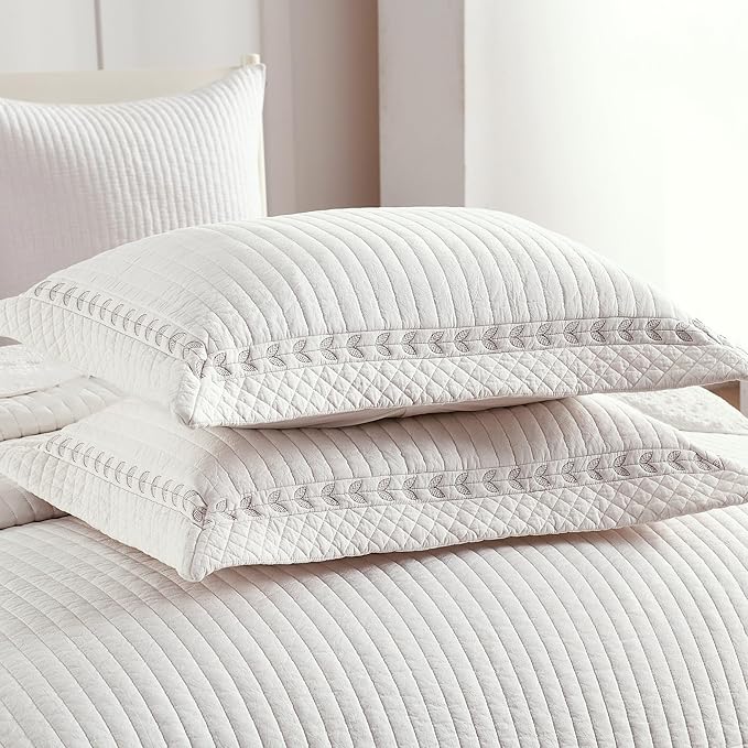 MarCielo 100% Cotton Quilt Set White Lightweight Bedspread with Scalloped Edge, Farmhouse Vintage Bedding, All Season Use(TC Off-White,Queen (98"x102"))