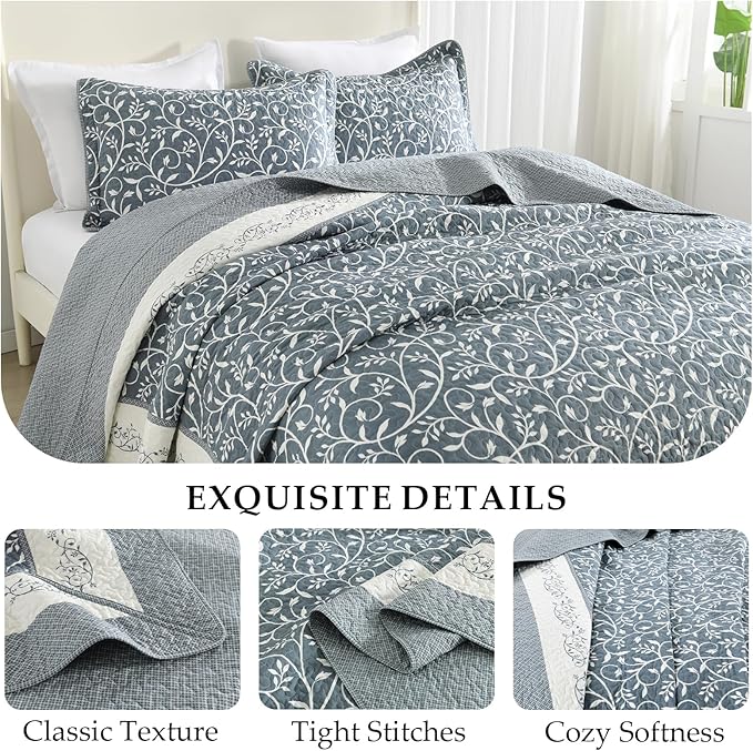 Oversized King Bedspread 128"x120", 100% Cotton Extra Large Oversized King Quilt with 2 Pillowshams, Lightweight Floral Quilted Bedspreads Coverlet Set, Grayish-Blue/Off-White, 3 Pcs