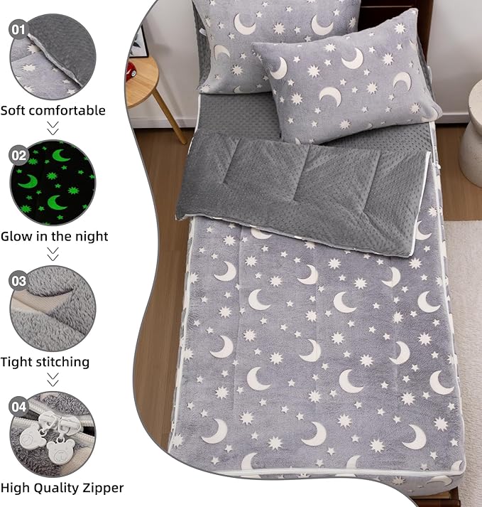 A Nice Night Star Moon Plush Zippered Comforter Set Zipper Bedding Glow in The Dark for Child, Twin,Grey