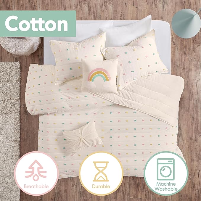 Intelligent Design Kids Quilt Set Cotton Jacquard Weave Colorful Poms Accent All Season Shabby Chic Bedding Coverlet Bedspred, Girls Bedroom Décor, Twin, Ivory 4 Piece XL